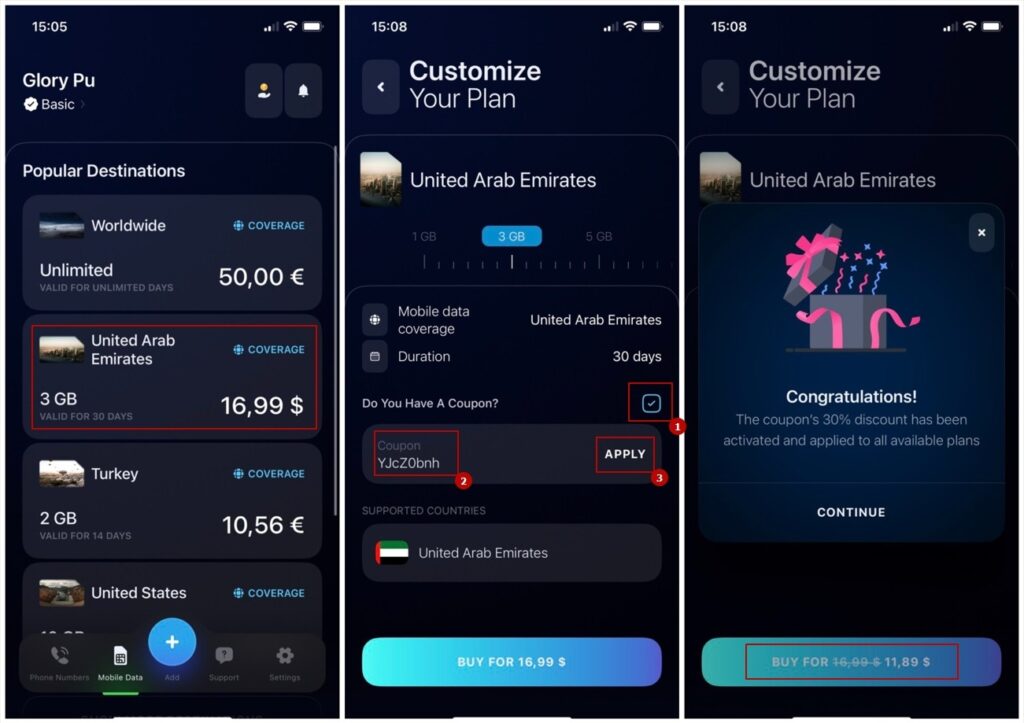 Screenshot of a mobile app interface displaying various eSIM tariff plans with country selection Choose eSIM mobile data country Mobile App