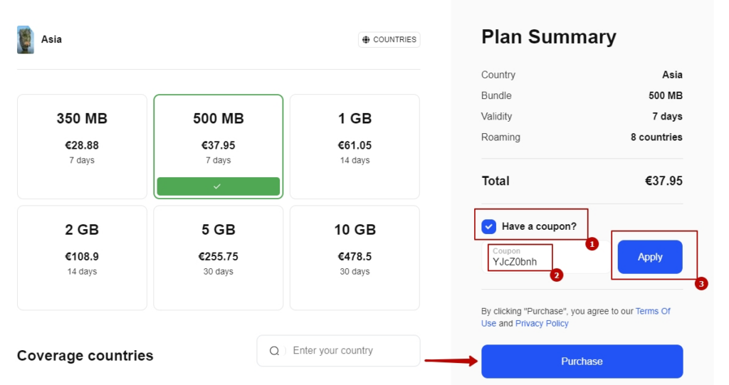 Screenshot of an interface displaying eSIM tariff plans and a discount coupon input Pay for the eSIM tariff
