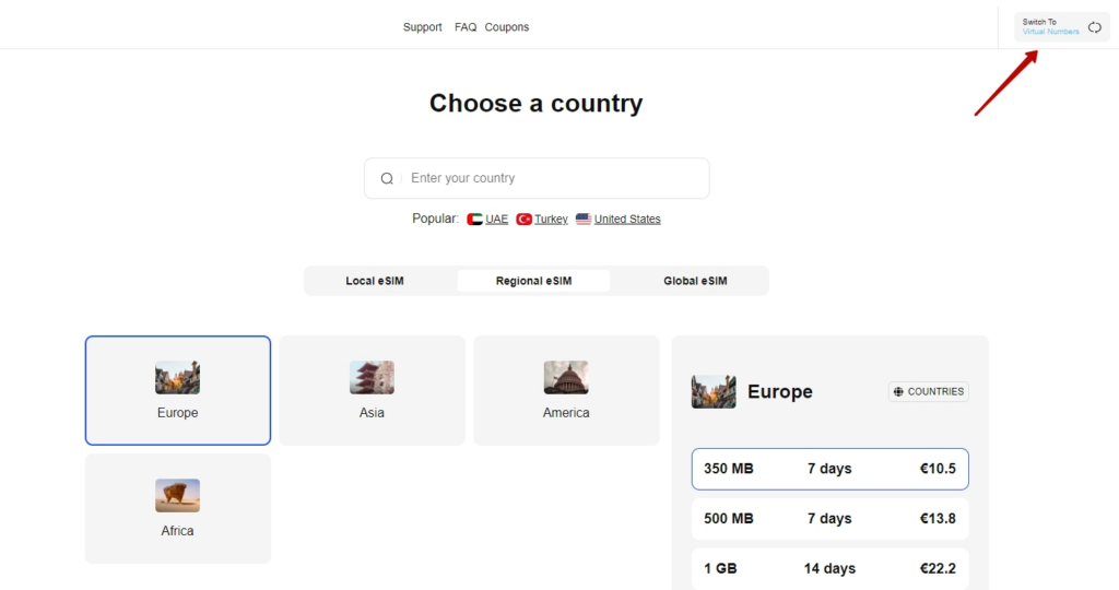 Screenshot of switching between 'Mobile eSIM Numbers' and 'Virtual Numbers' tabs in the interface Choose a country to use eSIM