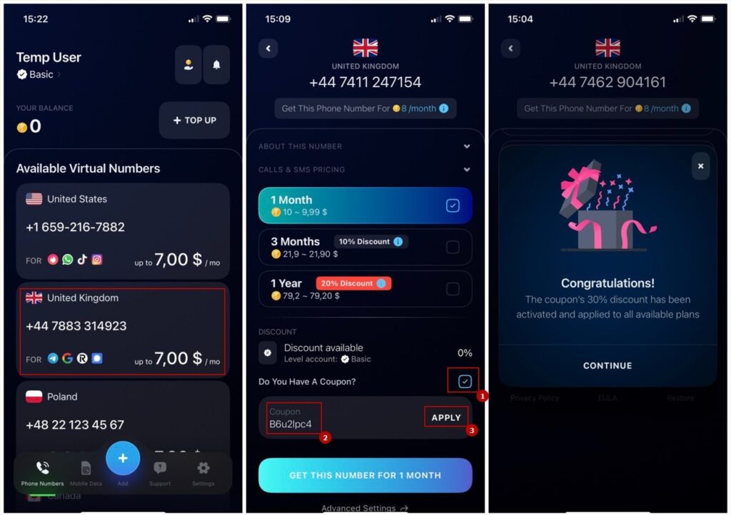 Screenshot of a mobile app interface showing a coupon code entered and discount applied eSIM Mobile App virtual phone number